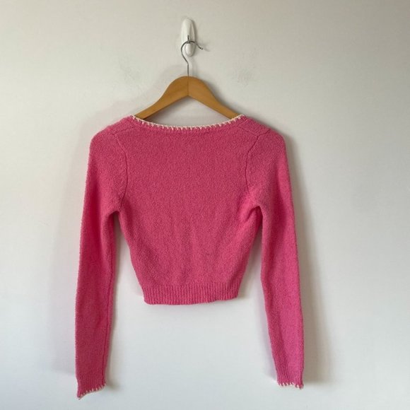 Zara Cropped Knit Crochet Trim Button Sweater Cardigan Pink Sz Small - Picture 6 of 8